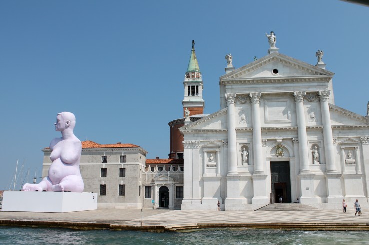 San Giorgio. The purple statue is part of the Biennale.